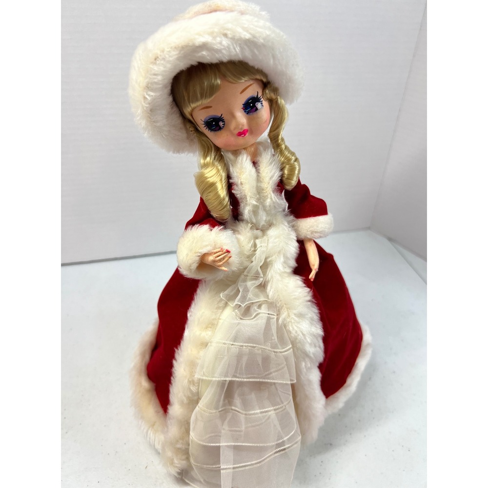 Vintage Bradley Doll Christmas Music Box Red Velvet Fur Trim Rotating 12 Inch